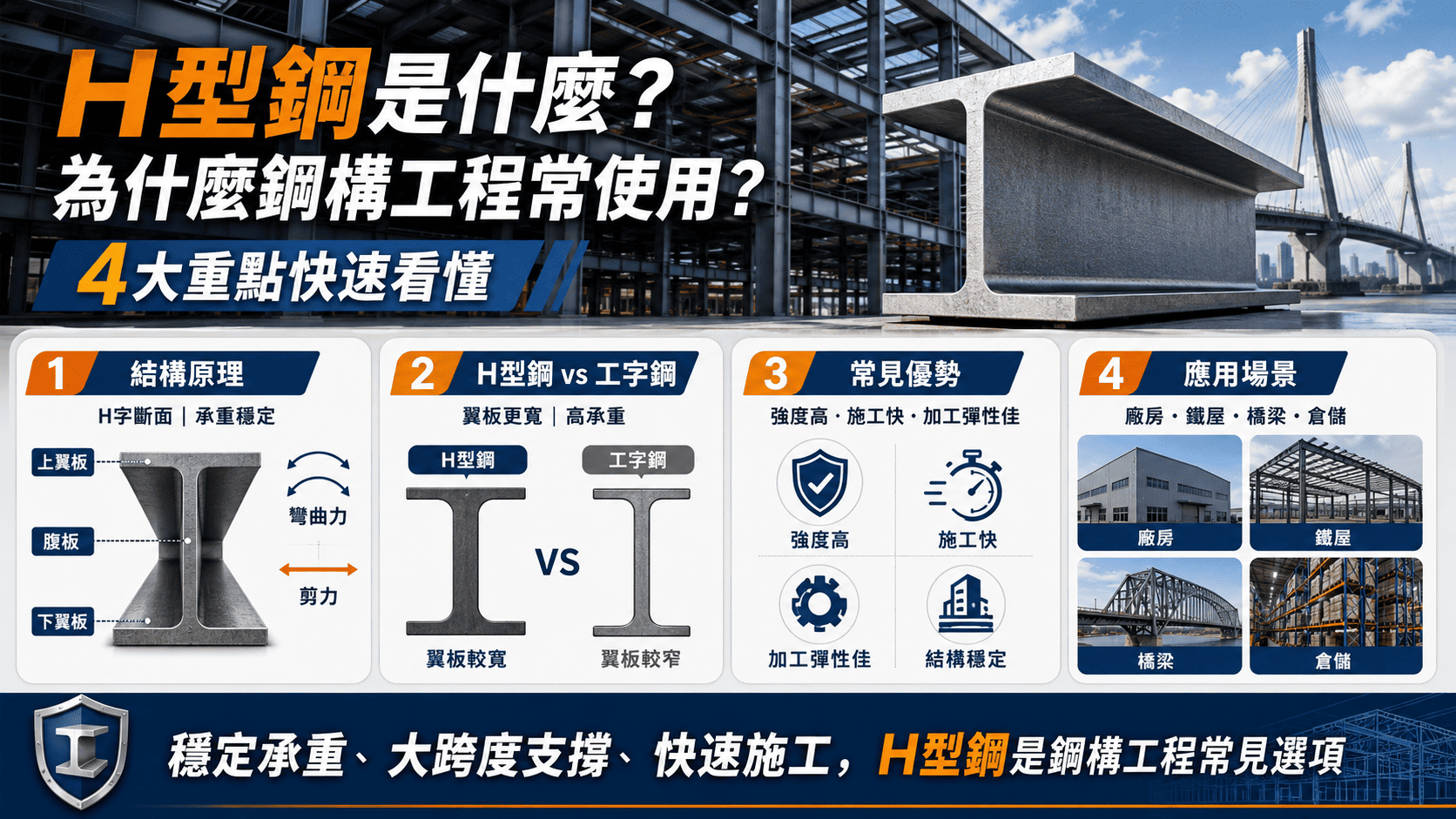 H型鋼是鋼構工程中非常常見的結構材料，因為外型像英文字母 H，具備良好的承重能力。